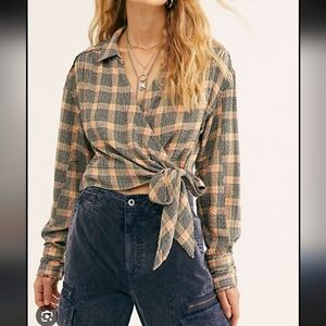 We The Free Peach Plaid Wrap Crop Top
